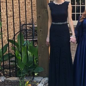 Long navy blue prom dress with beaded belt